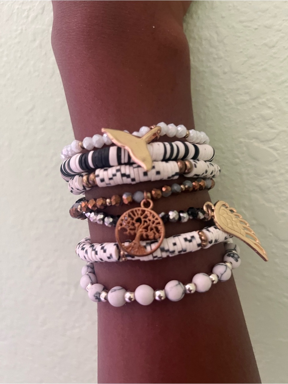 Stacked White & Black Beaded Charm Bracelets with Gold Accents